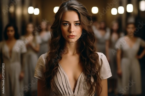 Intense gaze of a young female prisoner behind iron bars in a penitentiary setting