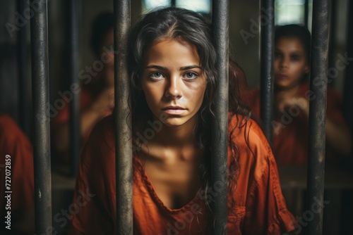 Intense gaze of a female prisoner locked behind the cold, unforgiving bars of a maximum-security prison cell