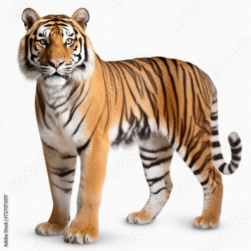 A full-body shot of a tiger on a white background.