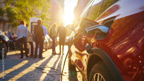 An electric car is charging on a city street.