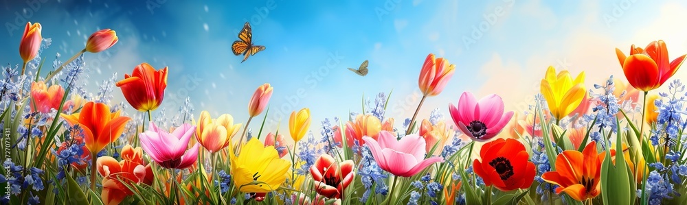 Vibrant Tulips and Daffodils Blanketing a Sunny Field in a Symphony of Colors. Made with Generative AI Technology