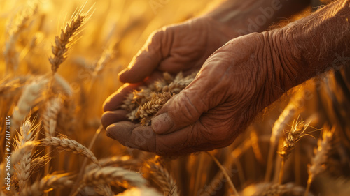 The hands of an experienced farmer hold ears of wheat.