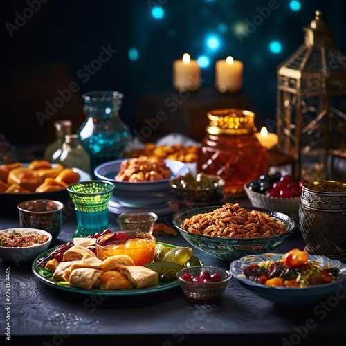 Ramadan Kareem Iftar party table with assorted festive traditional Arab dishes.