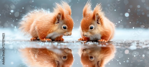 Wildlife animal photography background - Two sweet crazy young red squirrels (sciurus vulgaris) babies in the forest or park in winter with snow and snowflakes, at the lake water reflection