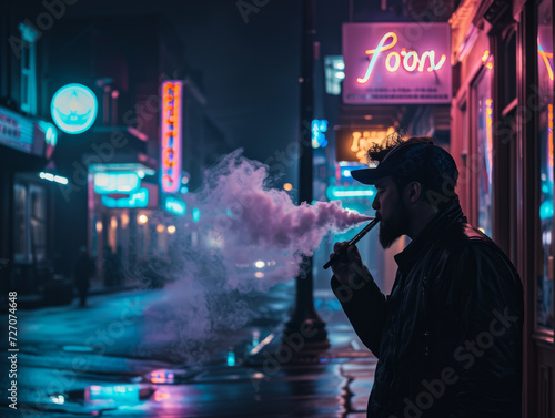 Silhouette of a man in the lights of the night city. A smoking man releases clouds of smoke.