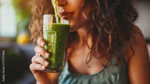 A young girl drinks a green smoothie from a glass glass.