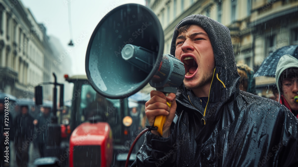 A male protester with a megaphone voices his demands