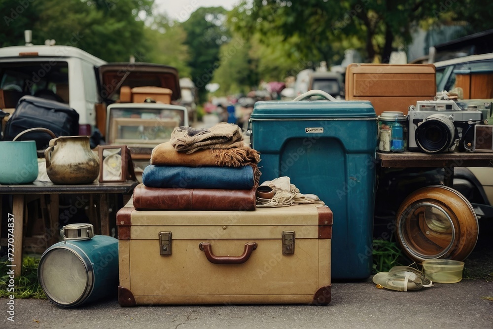 Second hand old household objects for sale at flea market, garage sale, thrift store, charity shop. Zero waste, sustainable lifestyle Second hand old household objects for sale at flea market, garage sale, thrift store, charity shop. Zero waste, sustainable lifestyle