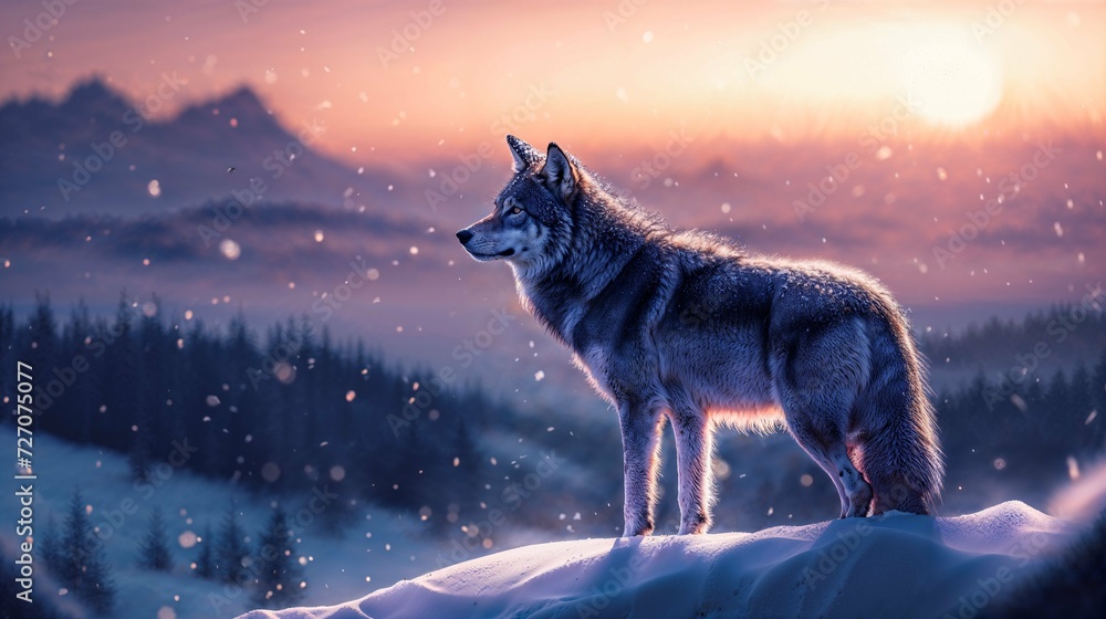 wolf in the snow at dusk