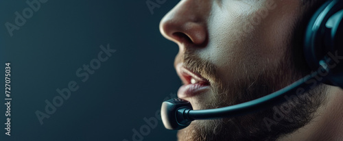 Close-Up of Young Man Face with Beard Using Headset for Communication and Customer Support on Dark Background with Copy Space