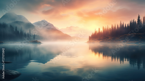 Misty Mountain Lake at Sunset, Ethereal Tranquility © M.Gierczyk