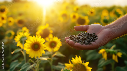 Close-up of sunflower seeds in hands palms on sunflower field background. Rural harvest concept. Generative AI