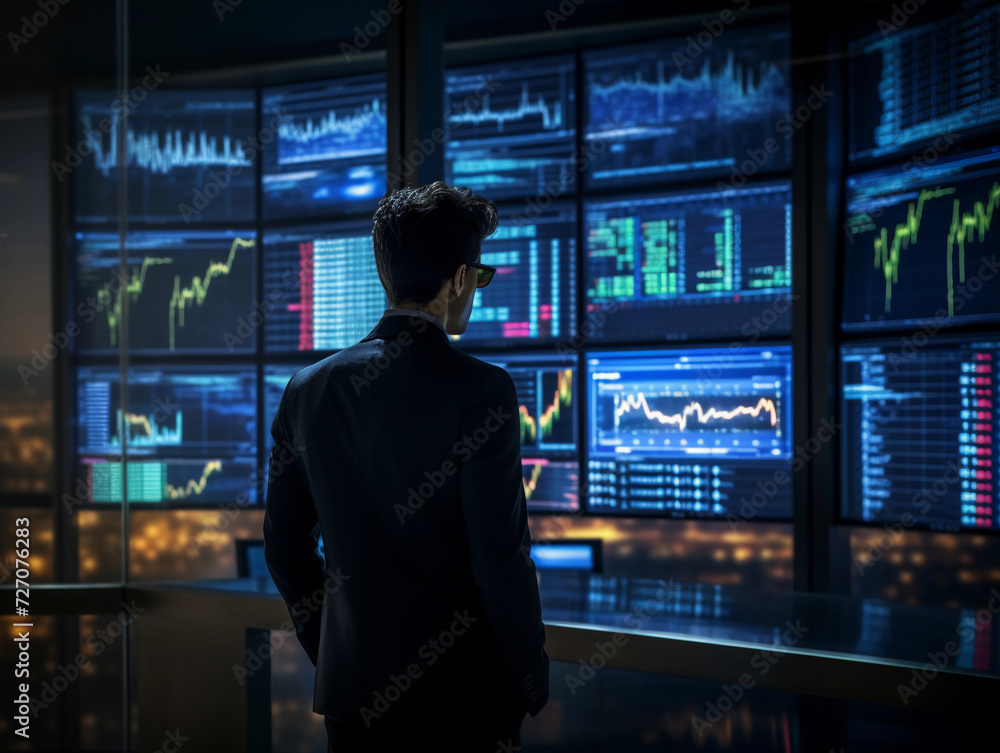 Finance trade manager analyzing stock market indicators for best investment strategy, financial data and charts Finance trade manager analyzing stock market indicators for best investment strategy, financial data and charts