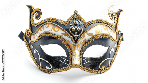 An exquisite opera carnival mask, carefully crafted with intricate details and vibrant colors, stands out elegantly against a pure white background. Perfect for masquerade parties, costumes,