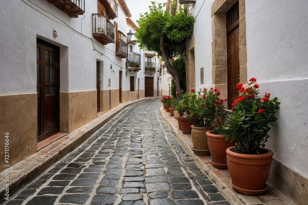 Fototapeta premium a narrow cobblestone street lined with potted plants, spanish alleyway, cobblestone roads, narrow and winding cozy streets,