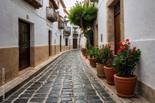 a narrow cobblestone street lined with potted plants  spanish alleyway  cobblestone roads  narrow and winding cozy streets 