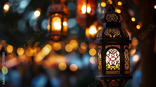 Hanging Ornamental Arabic lantern glowing in night invitation for Muslim holy month Ramadan Kareem