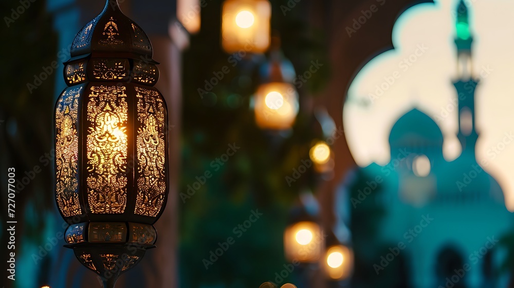 Hanging Ornamental Arabic lantern glowing in day invitation for Muslim holy month Ramadan Kareem