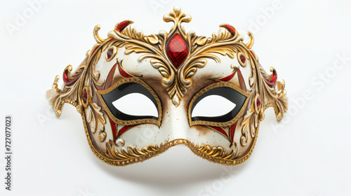 An exquisite opera carnival mask, boasting intricate details and vibrant colors, beautifully isolated on a pristine white background. This enchanting mask evokes the spirit of mystery and ce