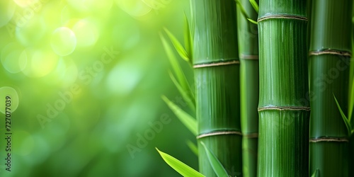 Green bamboo forest with sunlight and bokeh. Nature background. photo