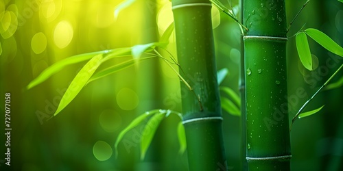 Green bamboo forest with sunlight and bokeh. Nature background. photo