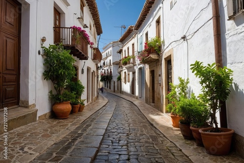 Picturesque narrow street in Spanish city old town. Typical traditional whitewashed houses with blooming plants, flowers, cobbled street in a small cozy town in Spain © Arman