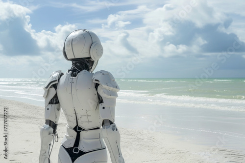 white robot with a woman's body looking at the horizon on a deserted beach, concept solitude,
