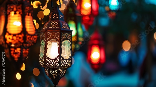 Hanging Ornamental Arabic lantern glowing in night invitation for Muslim holy month Ramadan Kareem