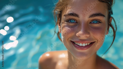 beautiful young smiling tanned woman against the background of a blue outdoor pool, summer, vacation, relax, girl, portrait, face, blue eyes, hotel, country club, spa