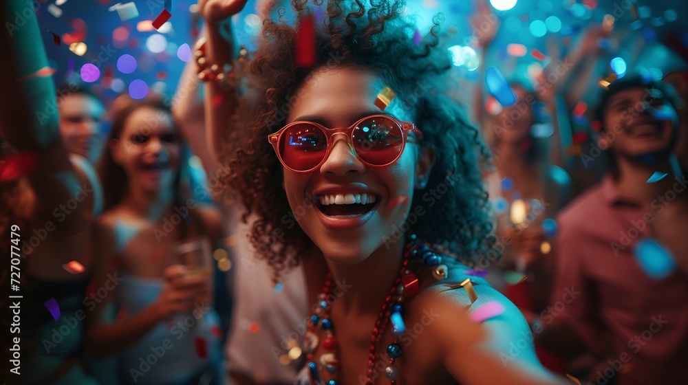 Cheerful african american woman dancing at party with friends Cheerful african american woman dancing at party with friends
