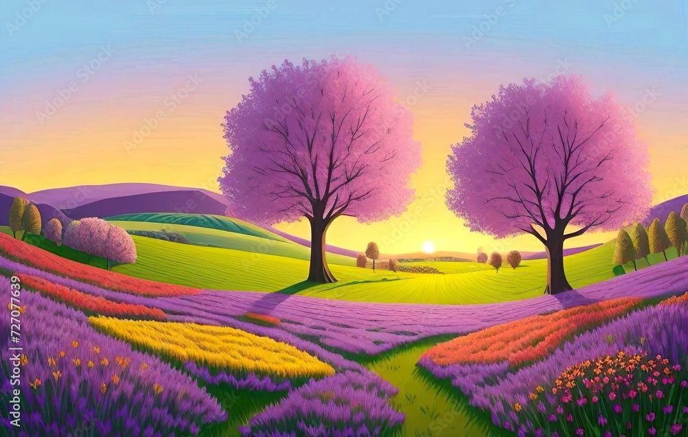 Beautiful and Peaceful Nature Scenery Illustration, Landscape, Countryside, Tranquil, Vibrant and Colorful