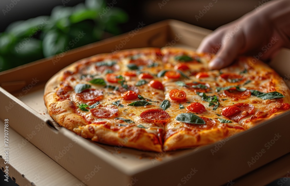 Open box with delicious pizza in hand Generated by AI