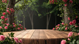 cosmetic natural product mock up placement pedestal stand display with roses bushes, jungle summer concept - AI Generated