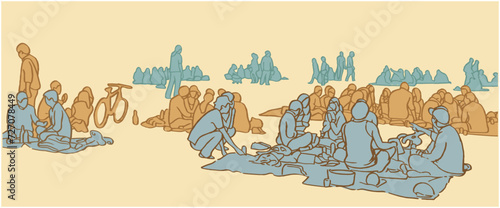 Illustration of people relaxing, sunbathing, having picnic in warm weather