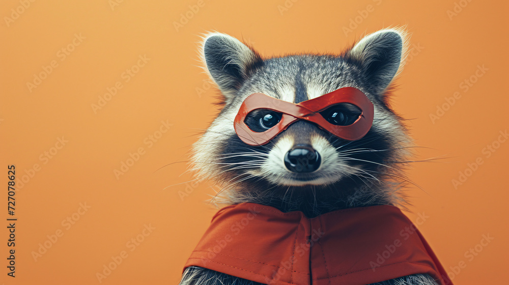 A Superhero Raccoon against a Solid Background.  Copy space.