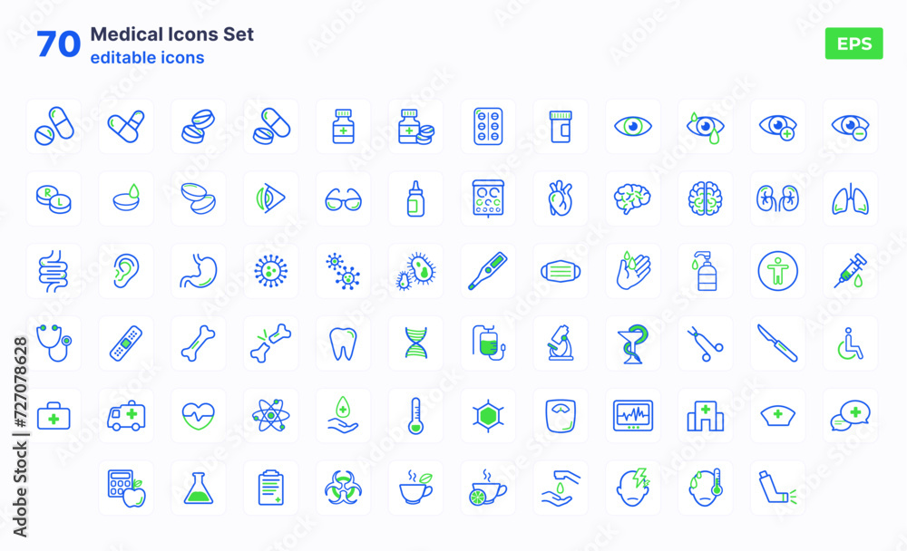 Set of 70 Medicine and Healthcare icons UI vector. Ambulance, hospital, organs, pills, bacterias, corona, viruses, sanitazor, aid kit.