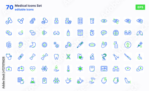 Set of 70 Medicine and Healthcare icons UI vector. Ambulance, hospital, organs, pills, bacterias, corona, viruses, sanitazor, aid kit.