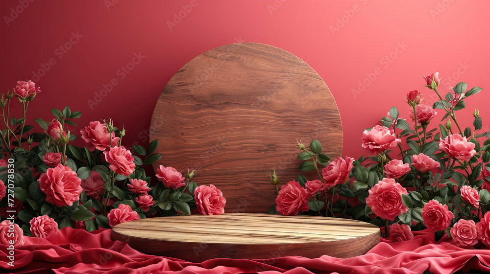 wooden brown cylinder pedestal podium with wooden circle backdrop composition. Elegance scene for products showcase for valentine's day background - AI Generated