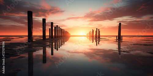 A sunset over a wooden pier with the sun setting  A sunset with a red sky and a few clouds   