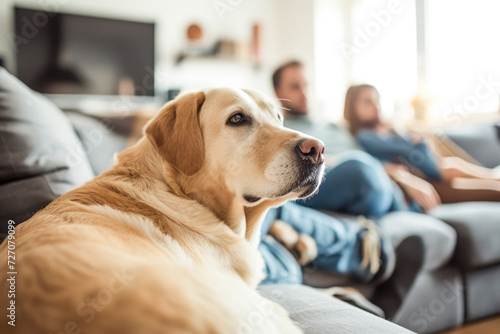 image of a dog in the foreground, behind him his human family sitting on the sofa,