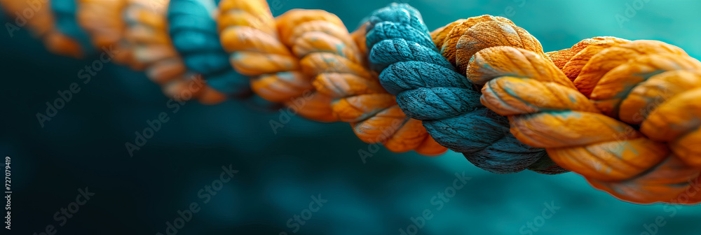 A yellow and blue close up of a thick rope on blue background banner - AI Generated - obrazy, fototapety, plakaty 