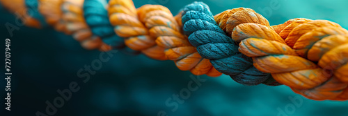 A yellow and blue close up of a thick rope on blue background banner - AI Generated photo