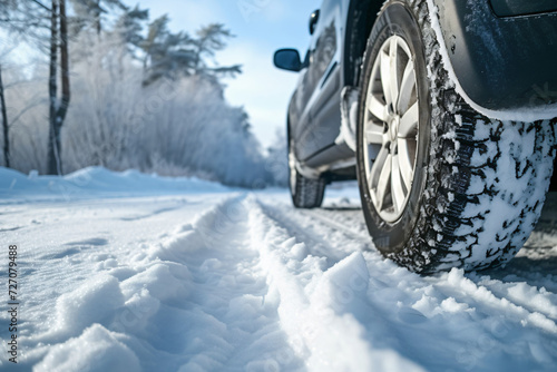 Car on Snowy Road with Closeup of Winter Tires - Generative AI.
