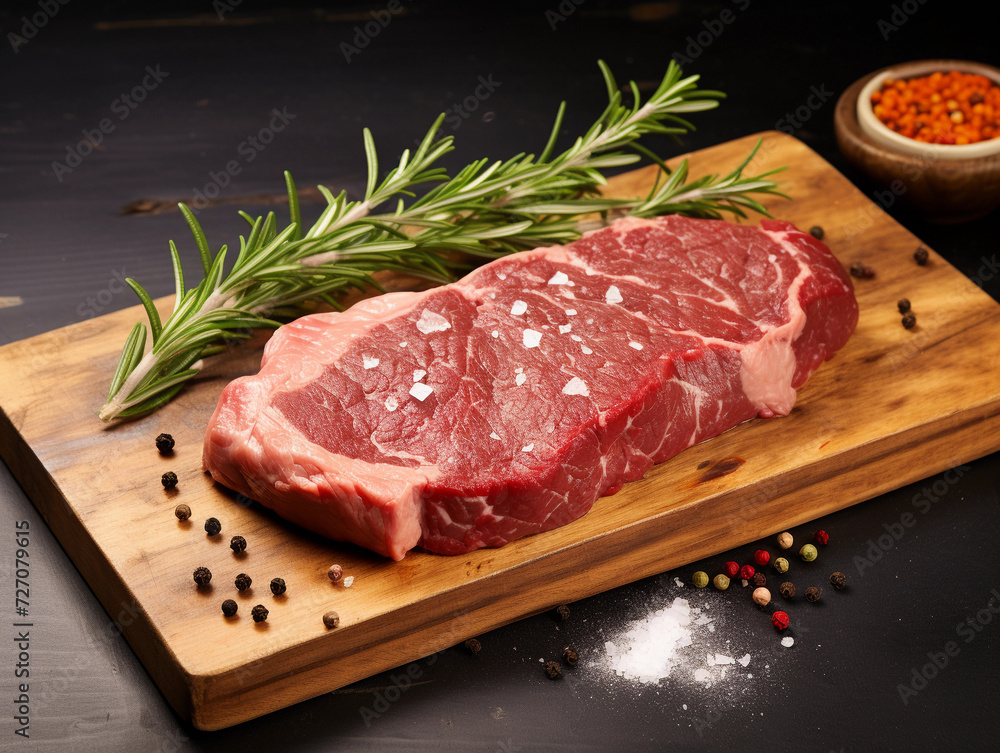 fresh raw steak meat on wooden board with rosemary and spice. 