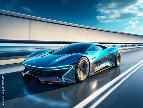futuristic EV car or luxury sports car fast vehicle on highway with full self driving system activated for transportation autonomy concepts as wide banner with copy space area 
