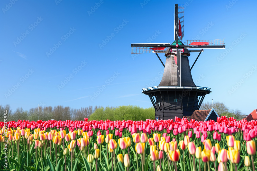Traditional Dutch Windmill Amidst Vibrant Tulip Fields, Netherlands Springtime