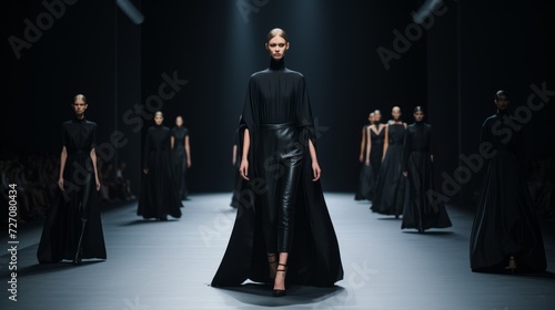 Beautiful tall female models wearing black designer outfits walk down the catwalk during a minimalistic fashion show of a new collection of clothes at the Fashion Week.