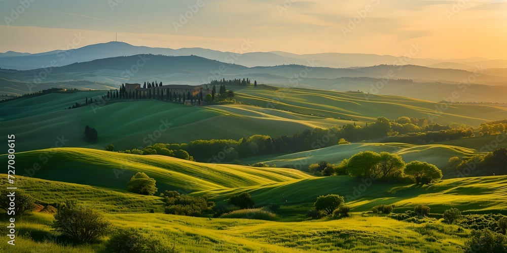 Serene landscape at dawn with rolling hills and a farmhouse. sun-kissed fields creating a tranquil scene. ideal for wall art. AI