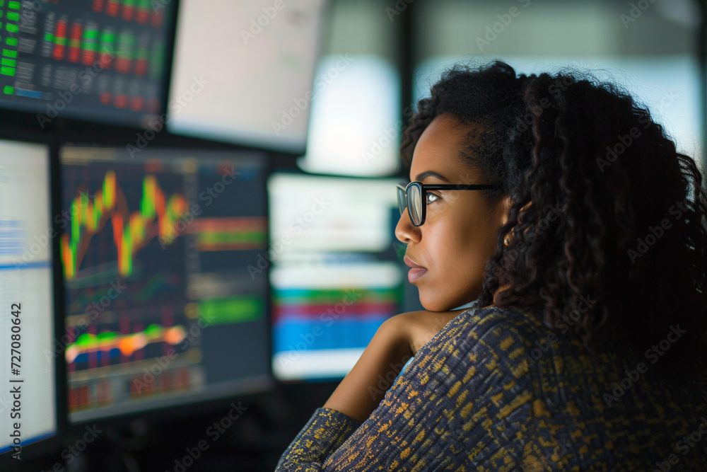 Woman Trading Stocks on Computer - Generative AI. Woman Trading Stocks on Computer - Generative AI.