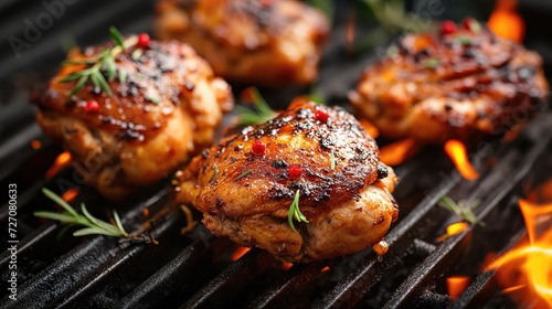 Spicy chicken thighs are grilled on a grill over a fire photo